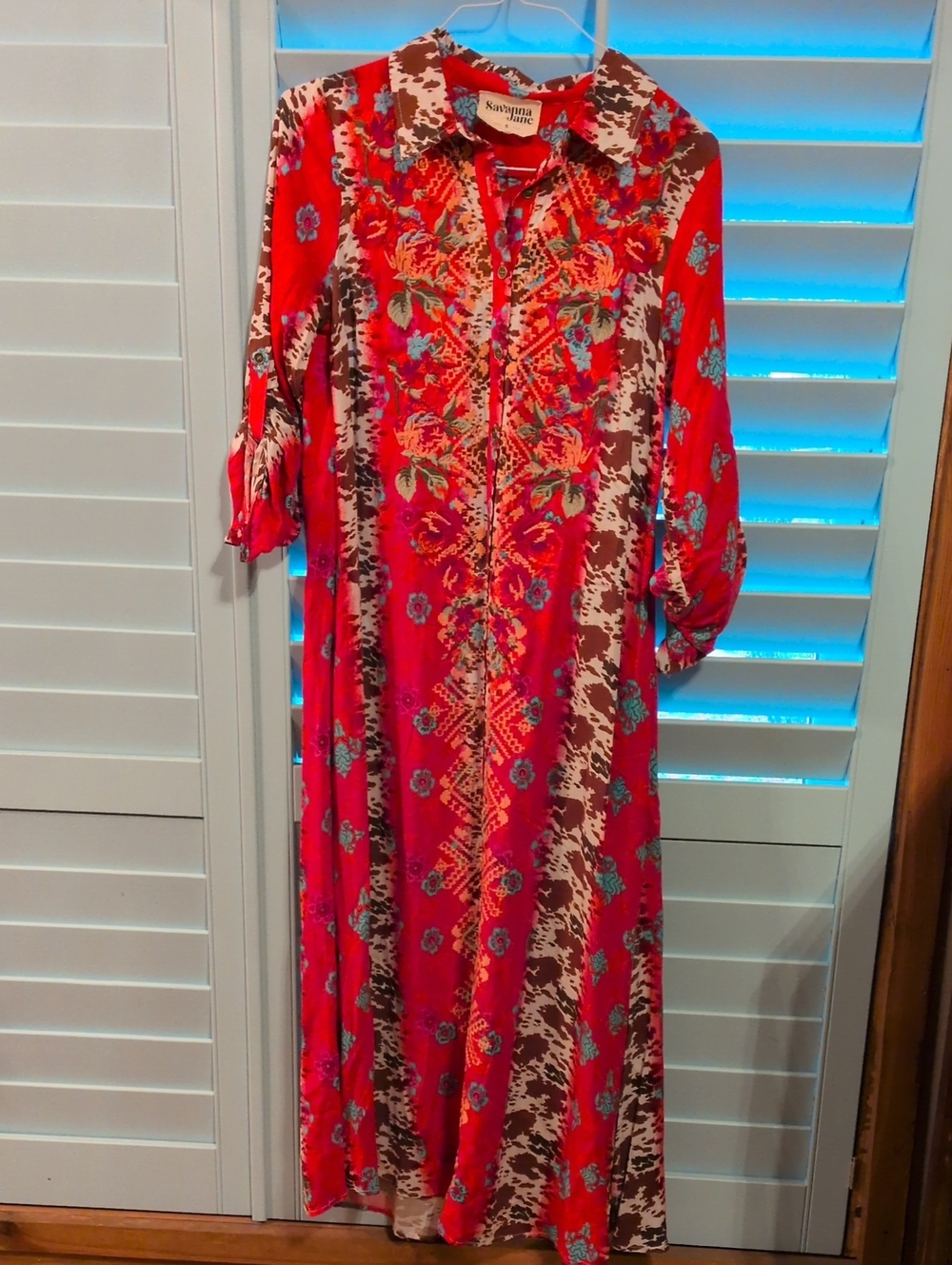 Savanna Jane Red Floral & Brown Patterned Maxi Shirt Dress